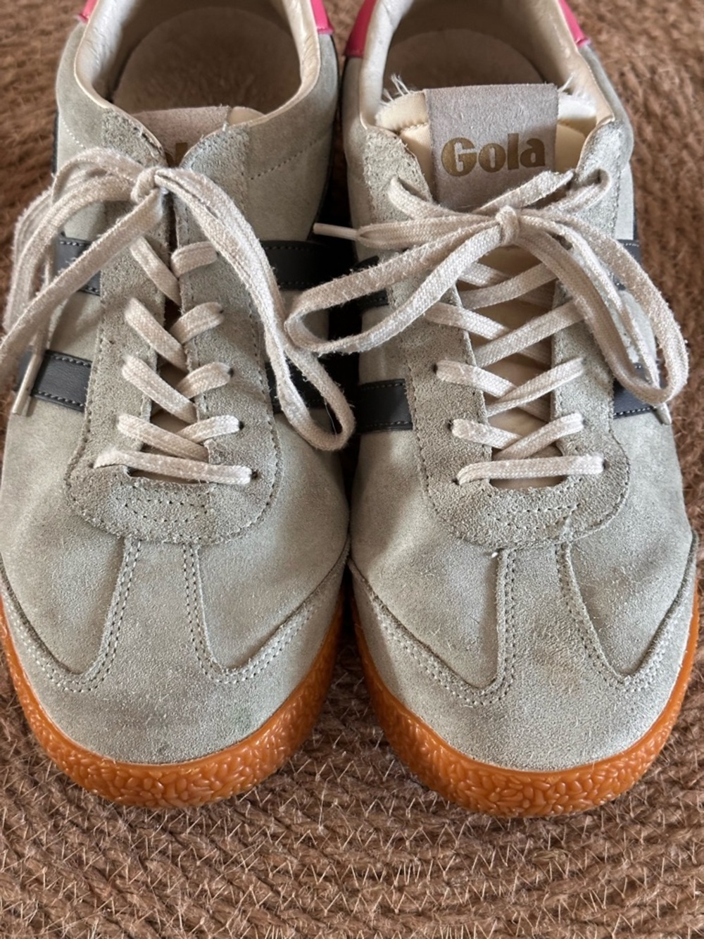 Gola Women's Suede Sneakers in Light Gray with Black Stripes and Pink Heel Tab - Picture 5 of 7